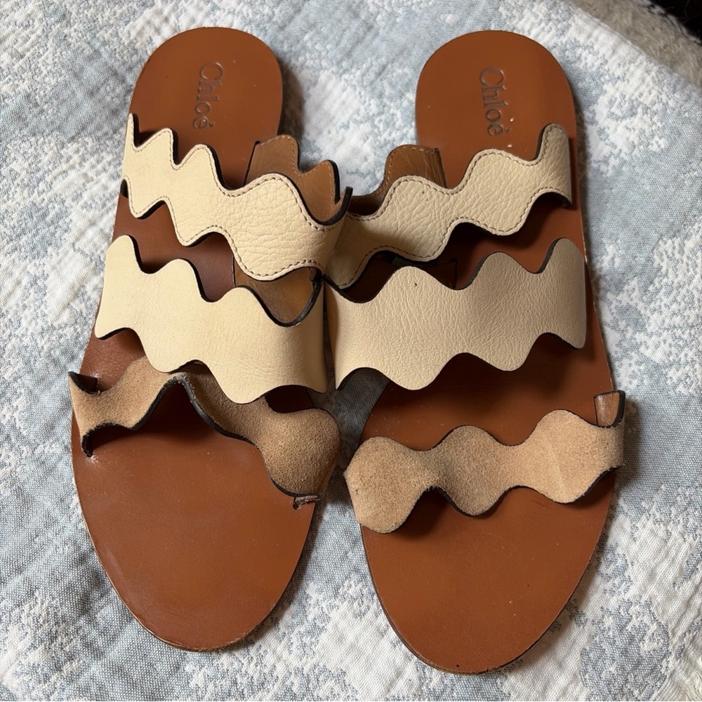 Chloe Lauren Sandals Slide Flats with Scalloped Straps Size 37 US 7 - Picture 3 of 6